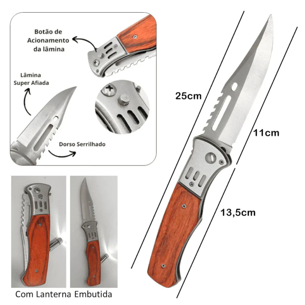 Kit Outdoor Dominium – Canivete Madeira e Mini Lanterna