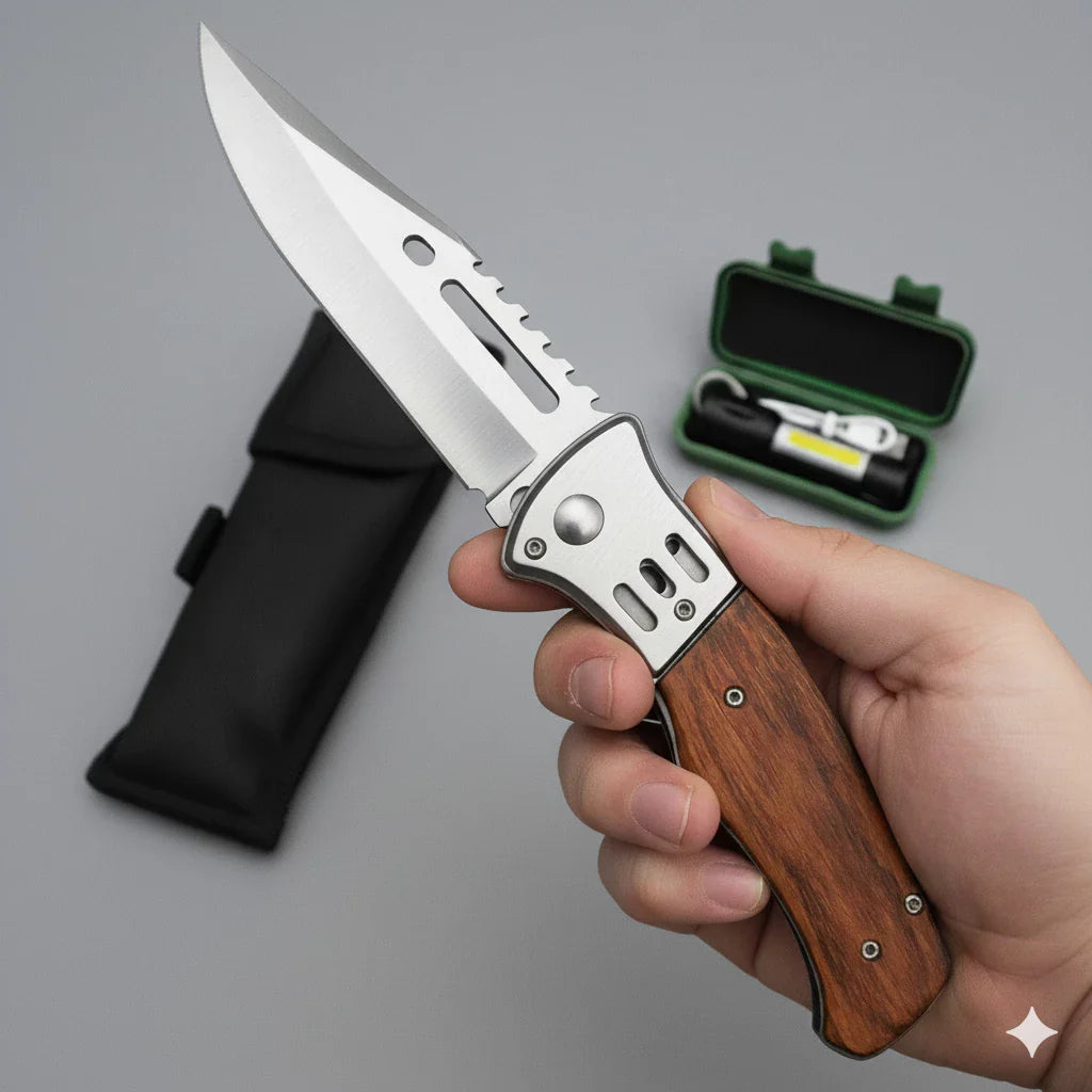 Kit Outdoor Dominium – Canivete Madeira e Mini Lanterna
