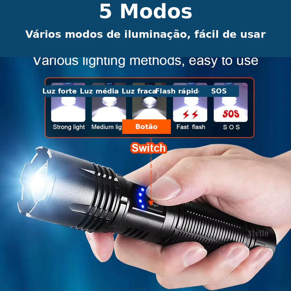 Lanterna Tática LED Recarregável Dominium – Iluminação Potente, Alcance e Recarga USB