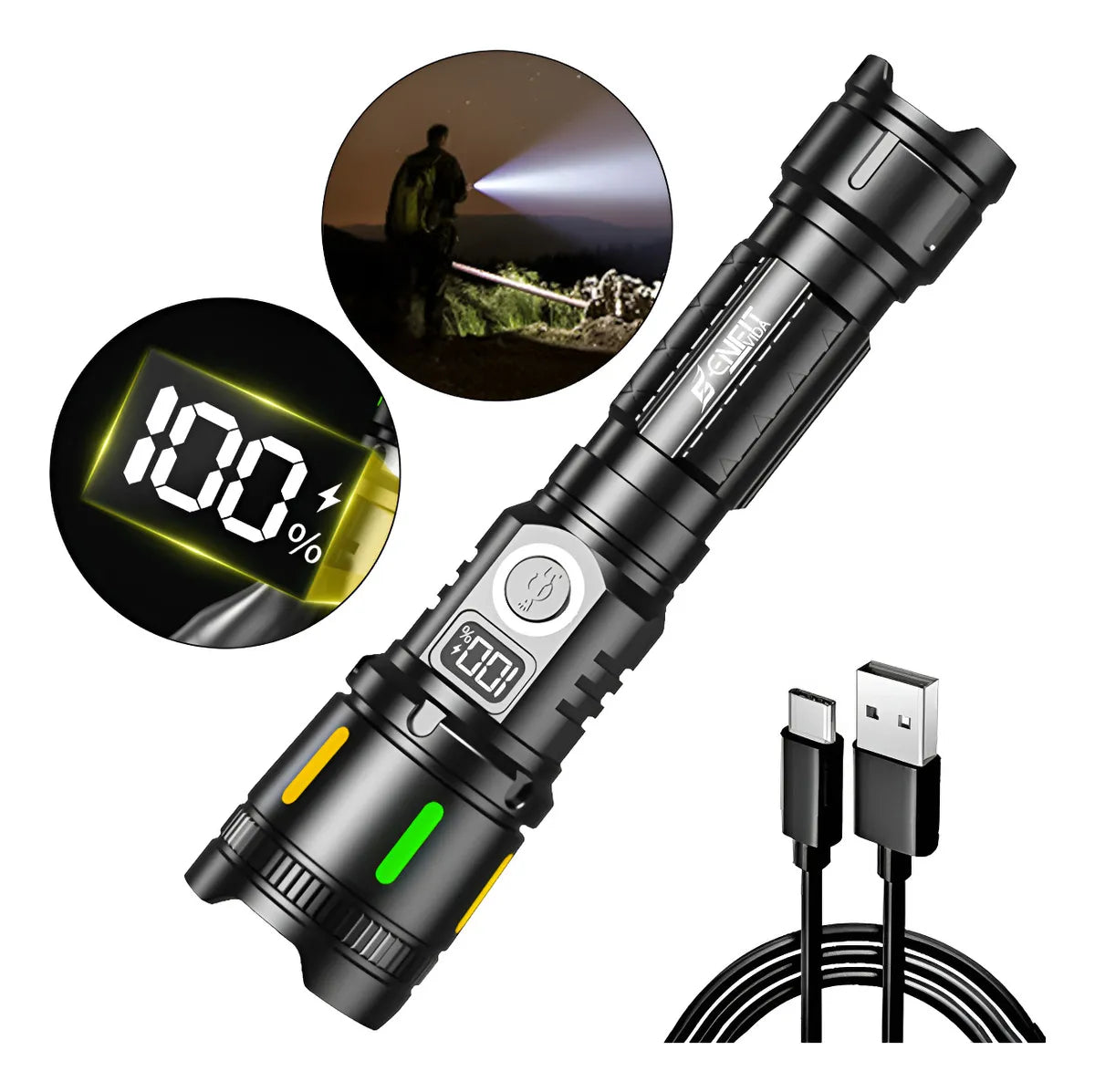 Lanterna Tática LED Zoom Dominium – 3600LM, Alcance Ampliado, Recarga USB e 2 Baterias