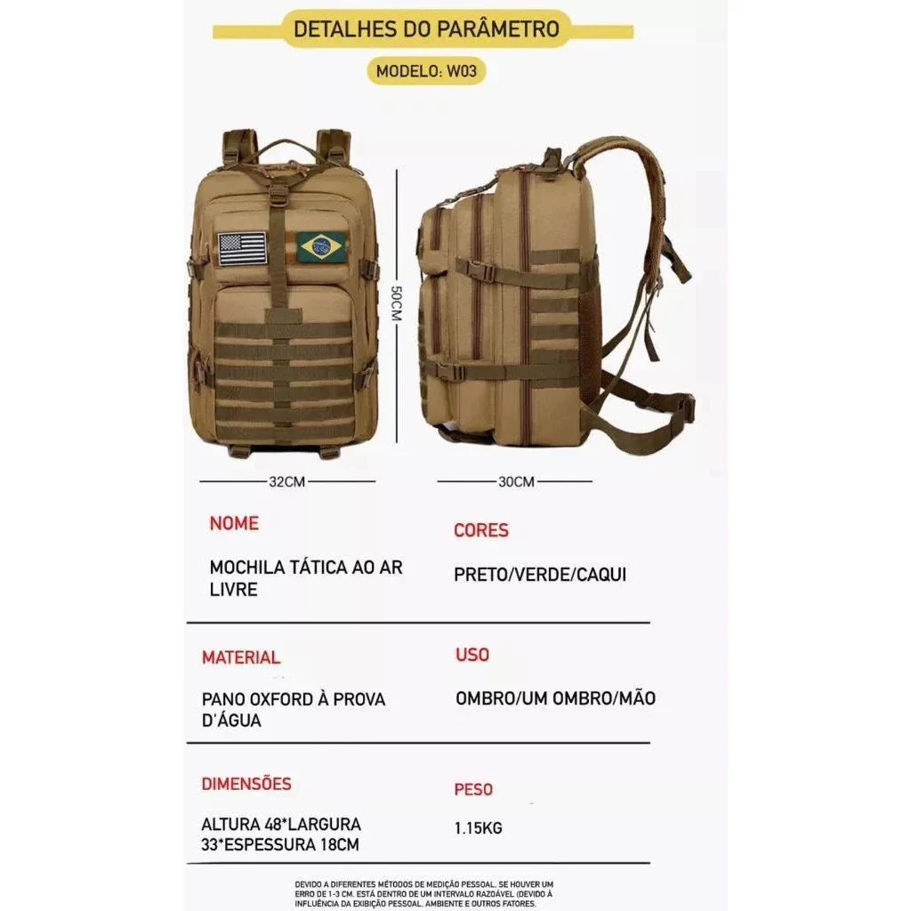 Mochila Tática 50L Dominium – Resistente à Água, Molle e Compartimento para Notebook