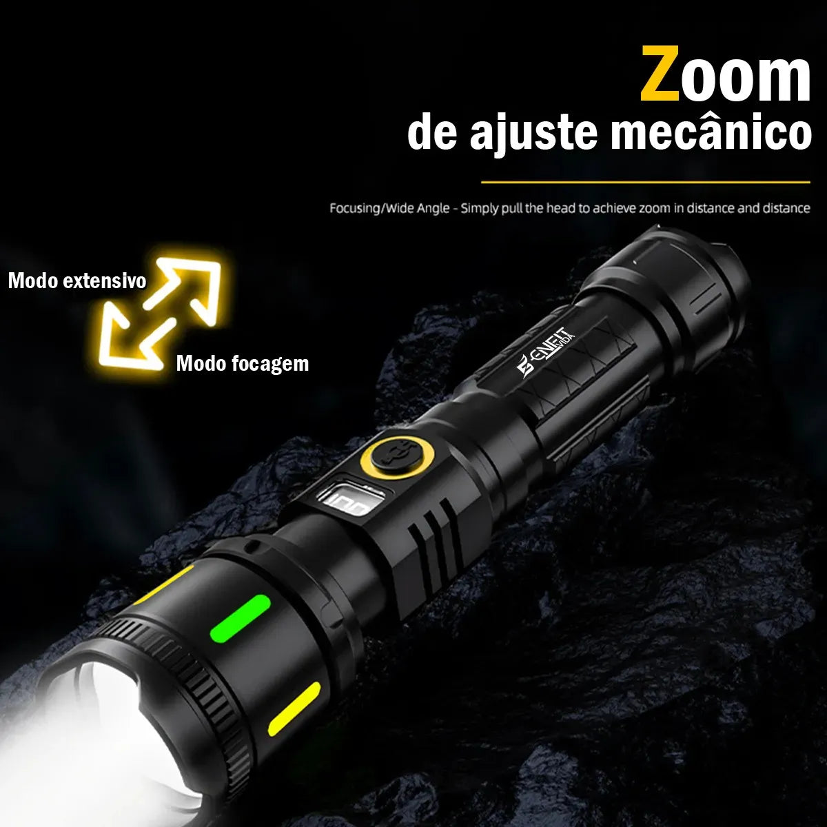 Lanterna Tática LED Zoom Dominium – 3600LM, Alcance Ampliado, Recarga USB e 2 Baterias
