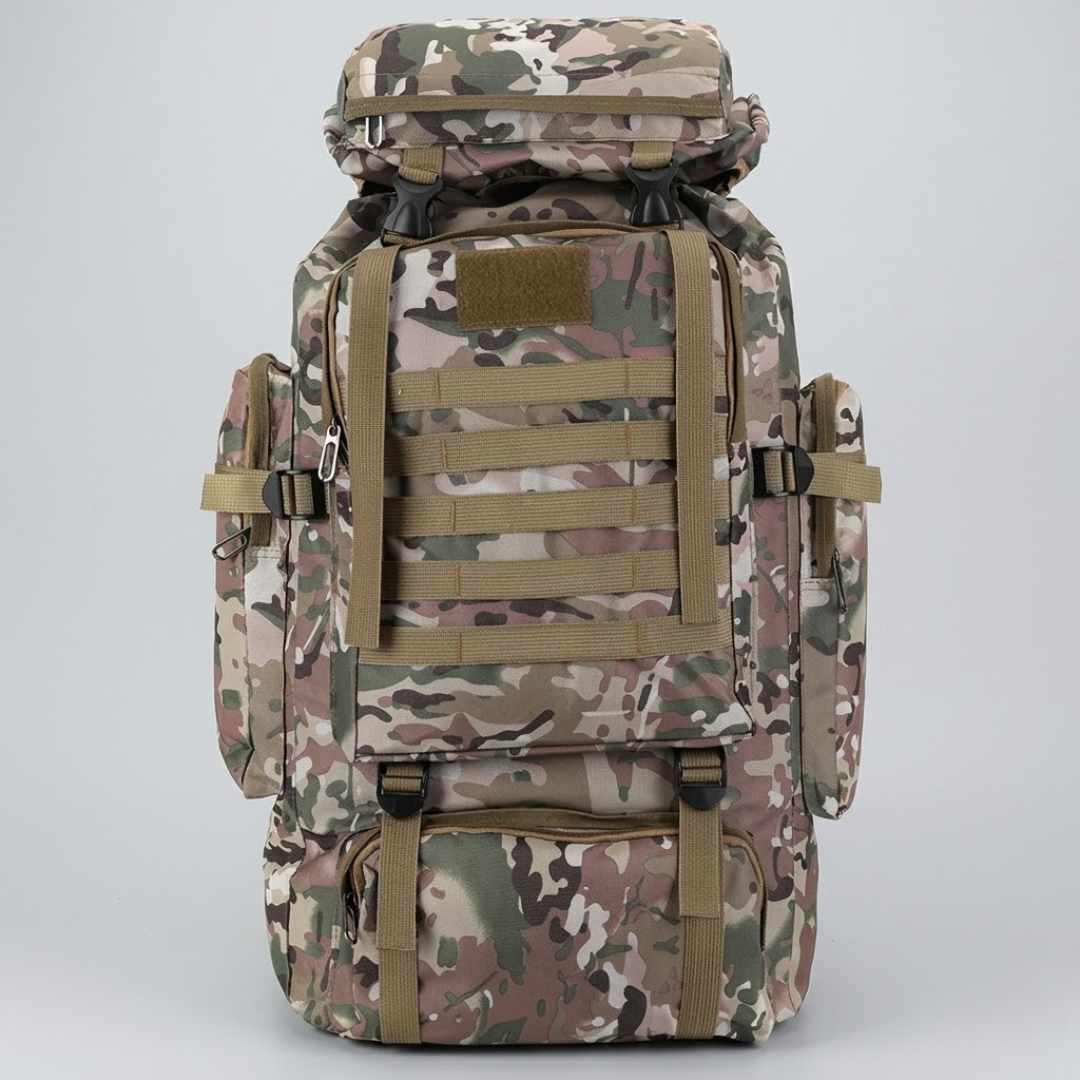 Mochila Tática 80L Dominium – Impermeável, Camuflada e Ultra Resistente 600D
