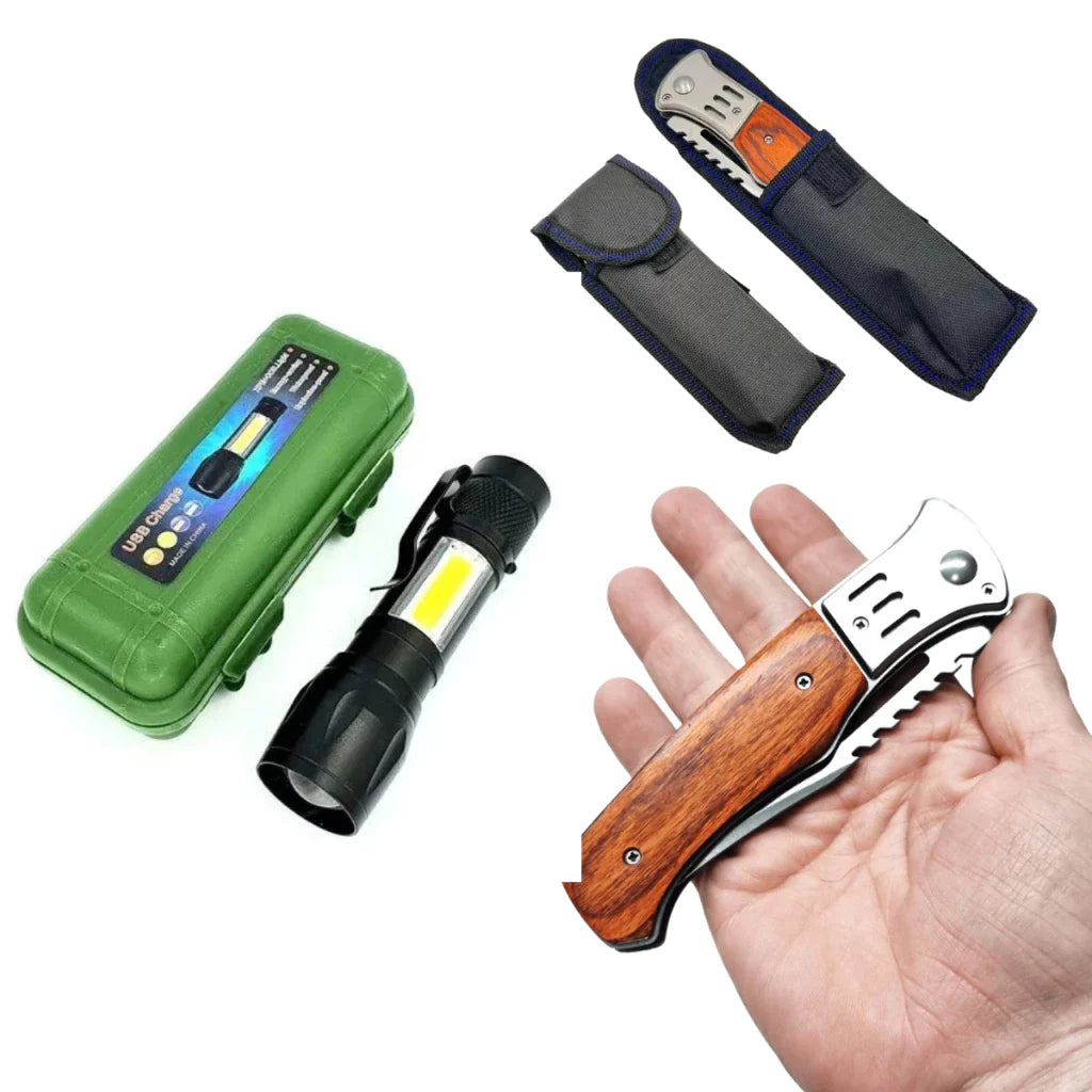 Kit Outdoor Dominium – Canivete Madeira e Mini Lanterna