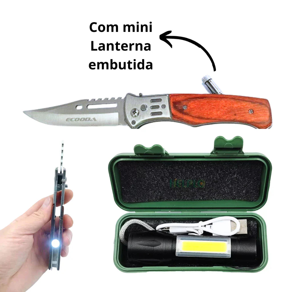 Kit Outdoor Dominium – Canivete Madeira e Mini Lanterna