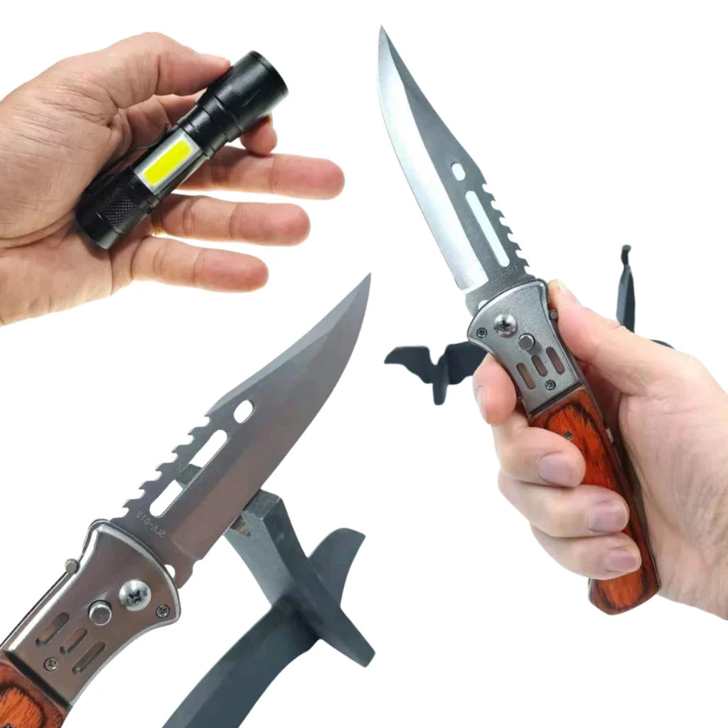 Kit Outdoor Dominium – Canivete Madeira e Mini Lanterna