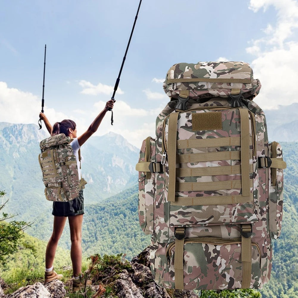 Mochila Tática 80L Dominium – Impermeável, Camuflada e Ultra Resistente 600D