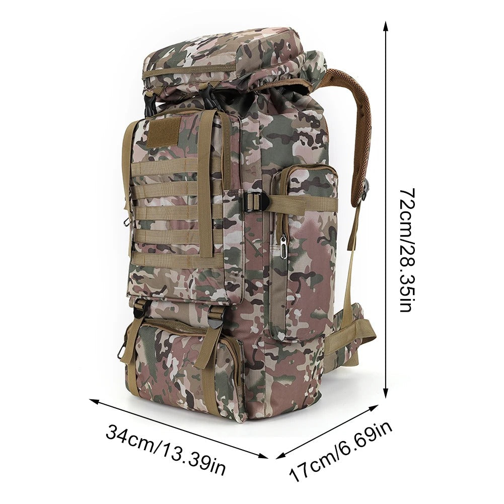 Mochila Tática 80L Dominium – Impermeável, Camuflada e Ultra Resistente 600D